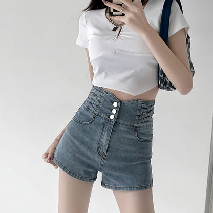 flowersverse Real Shot Hot Girl's Waist Cross Woven Ultra High Waist Belly Contracting Denim Shorts Women's  Hip Lifting Loose Wide Leg Fashion