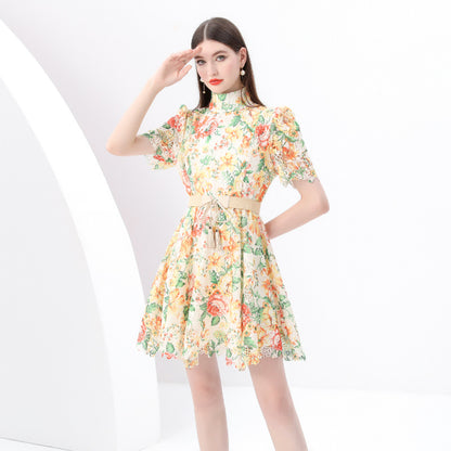 new dress women's  strap waist high neck bubble sleeve hollow crochet lace A word short skirt