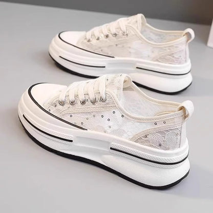 flowersverseSummer Mesh Canvas Shoes for Women  New Versatile Breathable Thick Sole Height Increasing Ins Korean Style Casual Sneakers for Students