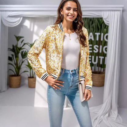 FLOWERSVERSE 2025New  spring new 2025 women's clothing fashion stand-up collar color matching sequined jacket short casual versatile small coat