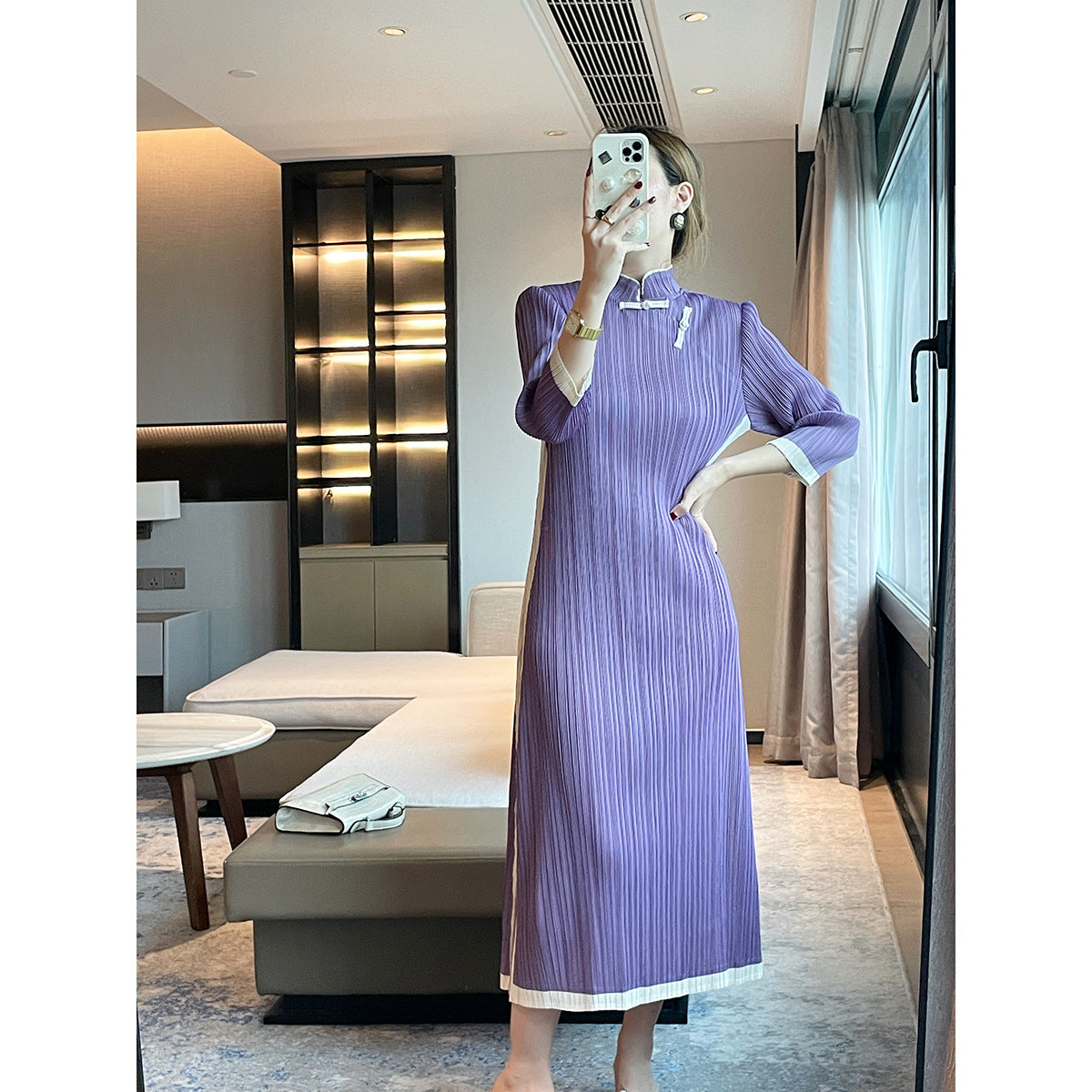 Miyake  autumn new retro long improved cheongsam skirt  color matching elegant slim pleated dress