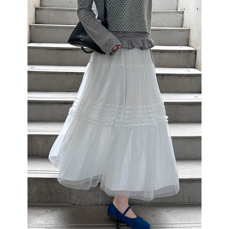 2025  spring new gentle wind pleated splicing medium and long a-shaped big pendulum mesh skirt half-body umbrella skirt 8567-1