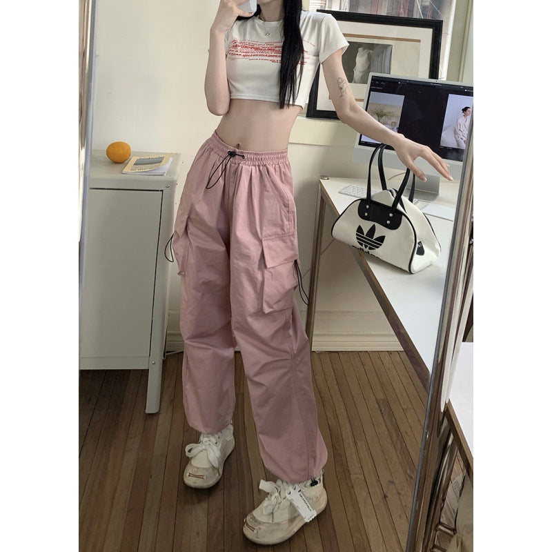 FLOWERSVERSE  American Retro Workwear Casual Pants Women's Summer All-Matching Straight Draping Ankle-Tied Pants Loose Wide Leg Pants Ins