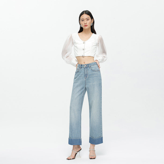 2025 autumn new curled jeans women's 2025n high street design sense niche high waist thin wide leg nine-point pants