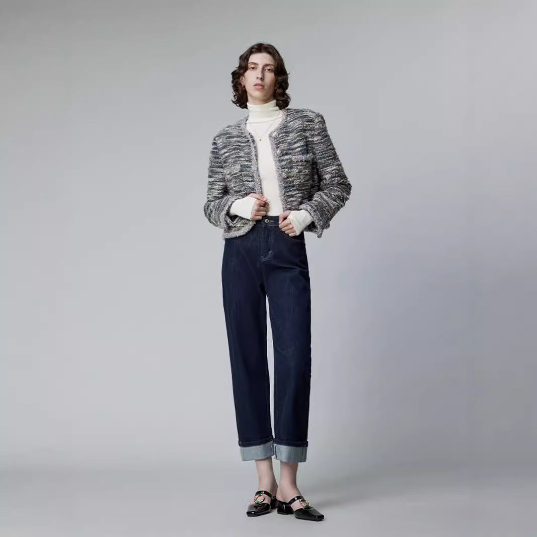 2025 popular autumn lycra fabric, high-quality original cow-colored flanged straight-leg pants, elastic on all sides, not easy to fade jeans for women