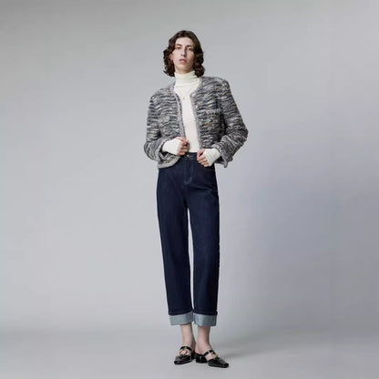 2025 popular autumn lycra fabric, high-quality original cow-colored flanged straight-leg pants, elastic on all sides, not easy to fade jeans for women