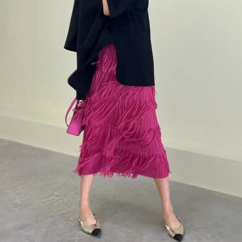 popular spring new Hong Kong-style retro style Internet celebrity with the same fringed skirt femininity thin waist pleated skirt