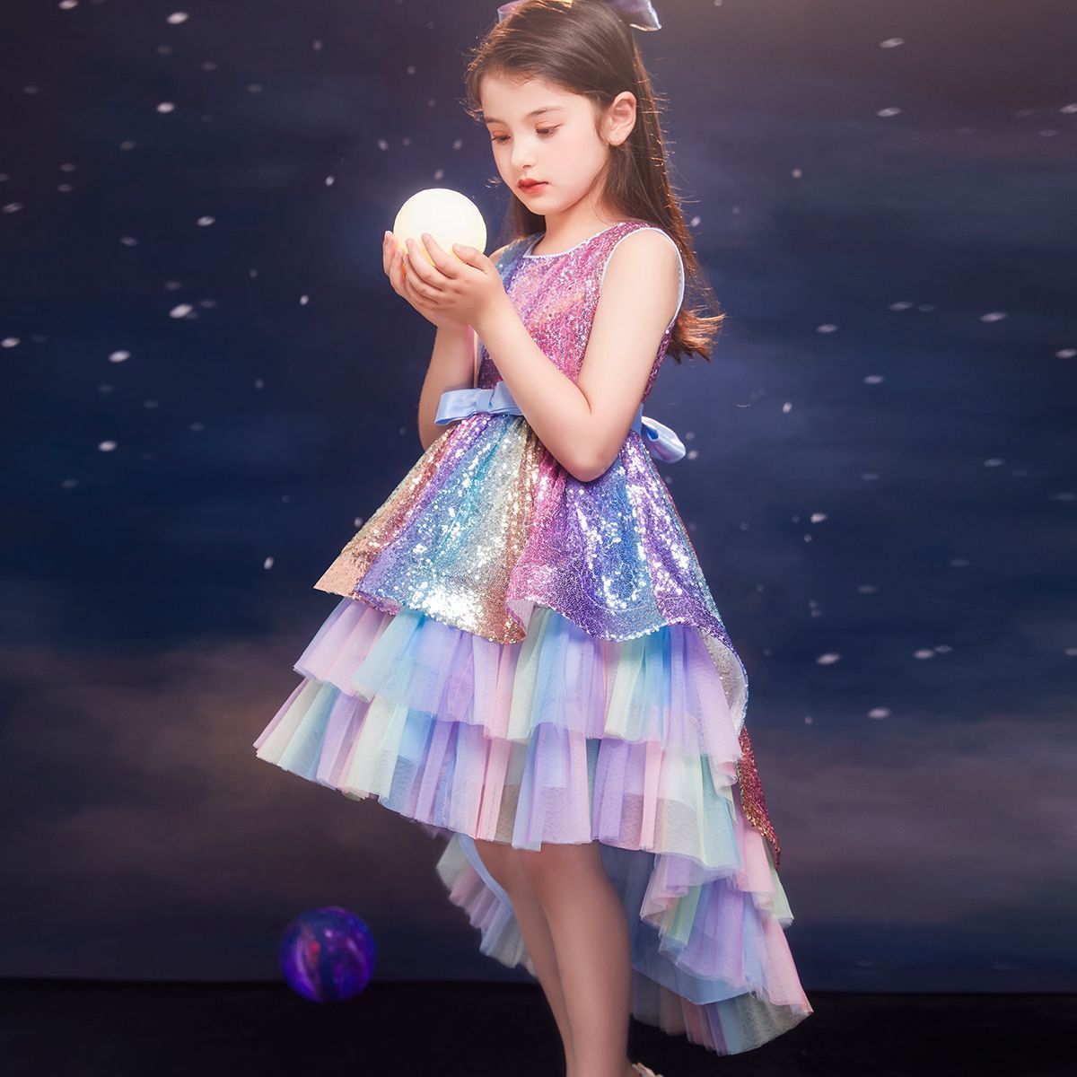 flowersverse Girls' Seven-Color Sequins Gradient Trailing Dress Main Dress Children's Wedding Dress Catwalk Host's Dress Dress