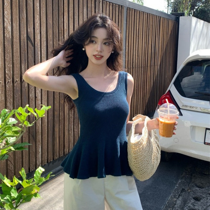 2025 spring and summer new thin temperament versatile solid color fishtail knitted suspender small vest women 25158