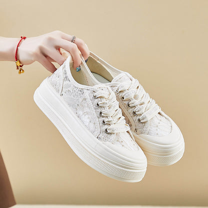 flowersverseLace Breathable Mesh Canvas Shoes for Women Summer  New Sequins with Skirt Pumps Thick-Soled Casual Sneakers Women