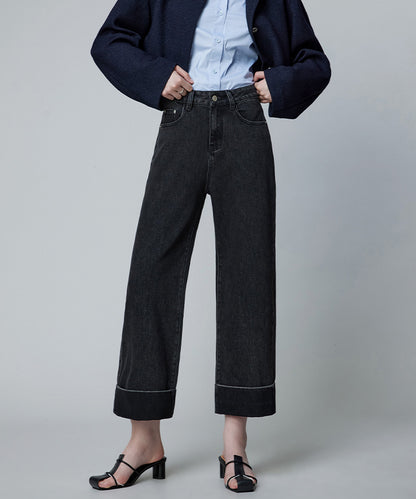 2025 popular Nanyou Women's High Waist Micro-elastic Jeans Flip Foot Straight Nine-Point Pants Exquisite Large Straight Through Jeans Women