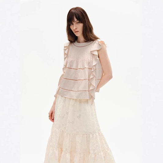 Siyuan, retro fresh  style pure cotton hollow embroidered ruffle edge sleeveless loose top female 9115