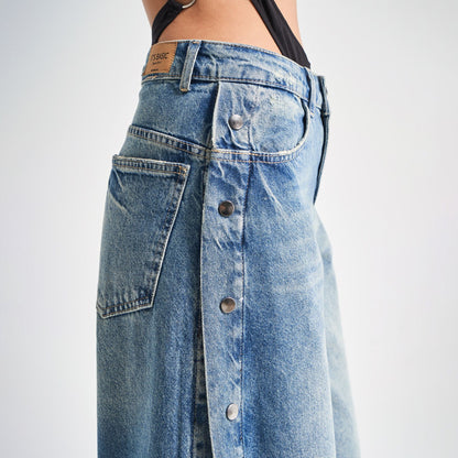 Popular trade women Street style side breasted high split wide leg jeans women's trend casual versatile trousers