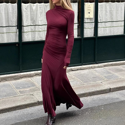 FLOWERSVERSE popular autumn new 2025 women's clothing elegant solid color temperament pleated slim hip wrap long sleeve dress dress