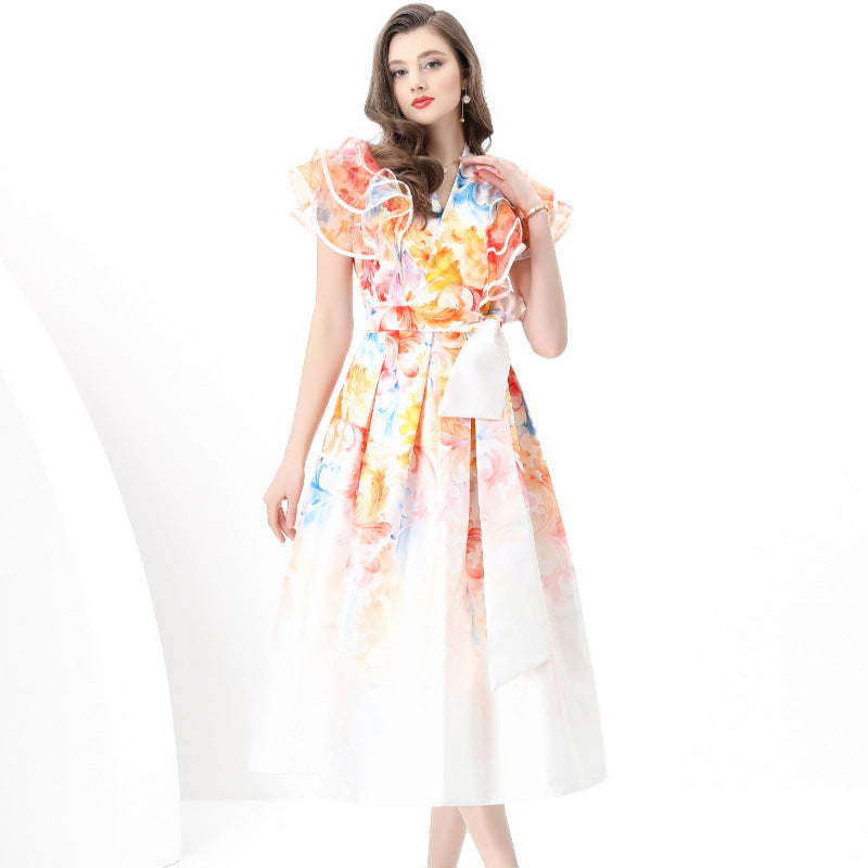 Court  Dress Women's  Fashion V-Neck Lotus Leaf Sleeve Waist Skinny Printed Dress