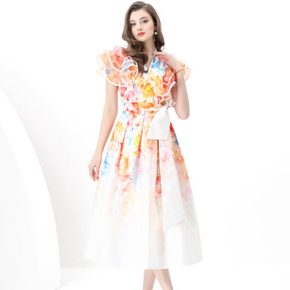 Court  Dress Women's  Fashion V-Neck Lotus Leaf Sleeve Waist Skinny Printed Dress