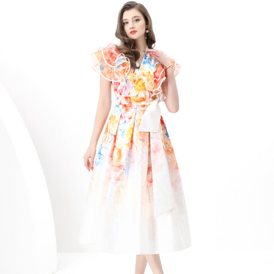 Court  Dress Women's  Fashion V-Neck Lotus Leaf Sleeve Waist Skinny Printed Dress