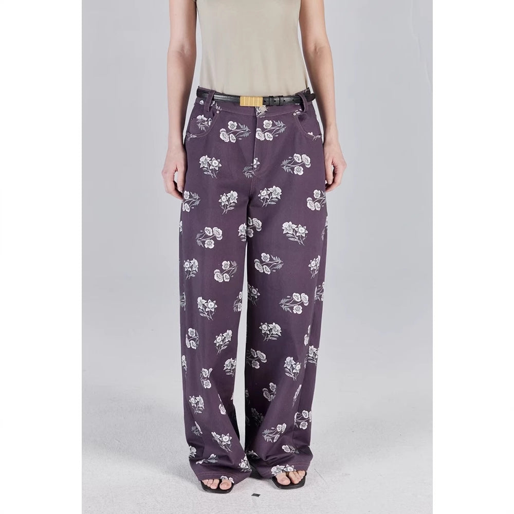 Siyuan high-end temperament cotton flower printing wide-leg pants women's 25 spring and summer comfortable loose casual straight trousers