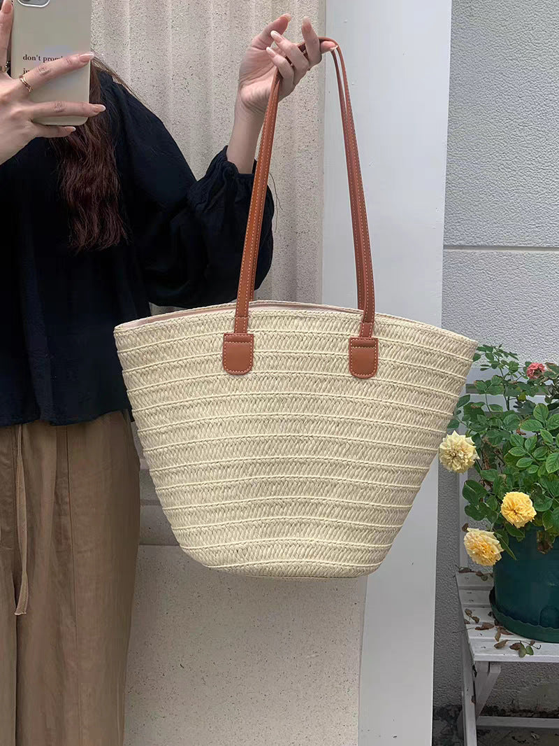 FLOWERSVERSE  Straw Bag Women's Summer Seaside Tote Bag Large Capacity Woven Shoulder Bag Rattan Woven Straw Bag Vegetable Basket Bucket Bag Fashion