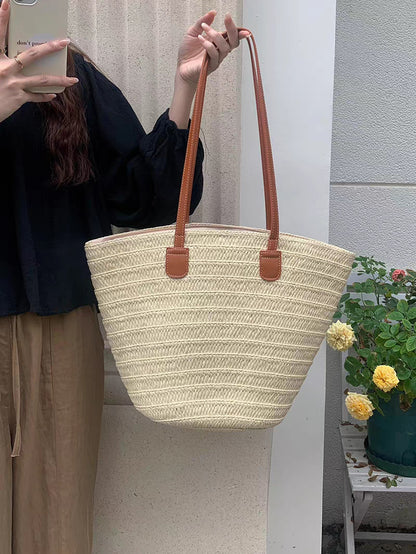 FLOWERSVERSE  Straw Bag Women's Summer Seaside Tote Bag Large Capacity Woven Shoulder Bag Rattan Woven Straw Bag Vegetable Basket Bucket Bag Fashion