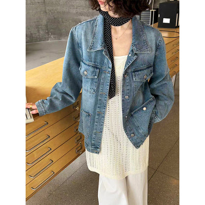 2025  spring new Korean version design sense washed denim lapel breasted casual loose jacket top 3170