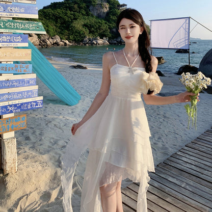 2025 Vacation style  chic pleated suspender skirt girl irregular streamer ruffle edge fairy tutu birthday dress