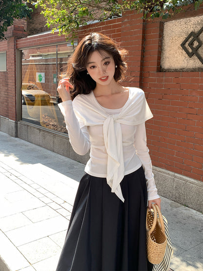 2025 Thirteen Lines  Spring New Korean Version Temperament Versatile Shawl Knitted Sweater Women's Long Sleeve Top 89310