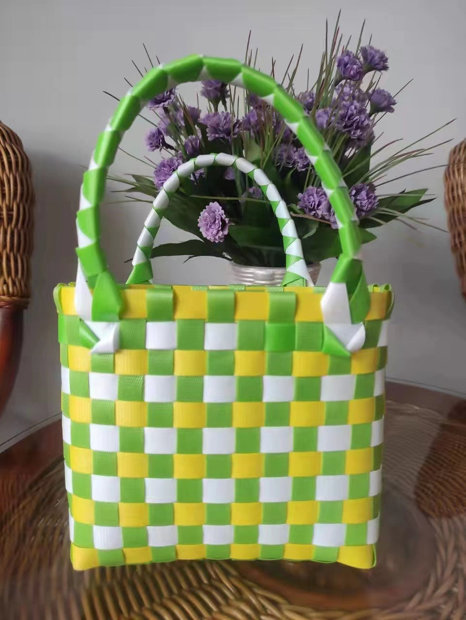 FLOWERSVERSE  Free Shipping Popular Small Bag Vegetable Basket PVC Woven Bag Open Children Small Clutch Hand Gift Bag Women's Bag