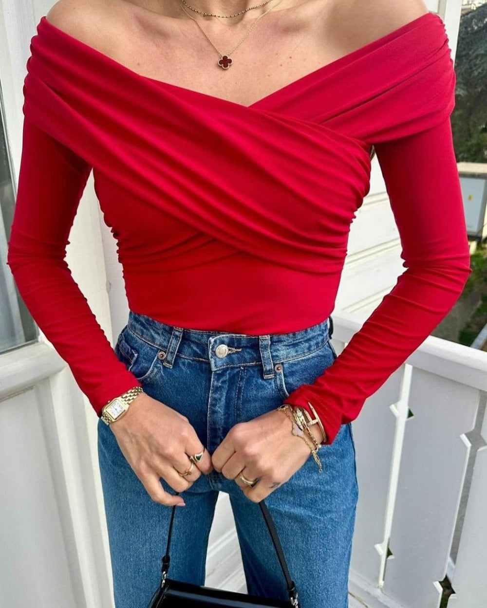 New women's clothing, sexy Spice Girls slim-fit top, solid color fashion V-neck off-the-shoulder splicing long-sleeved jumpsuit