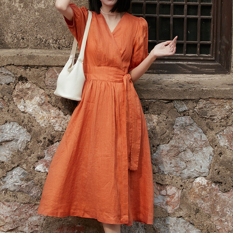 2025 Breathing 100% ramie wrap dress, Japanese casual bubble sleeves V-neck waist skirt women's summer