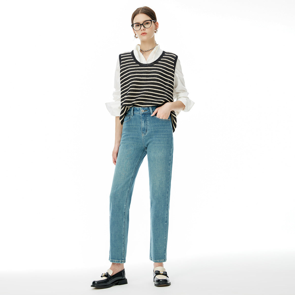 2025 24 autumn new women's nine-point pants 3.60 million like elastic denim baguette pants, high-waisted slim-fitting four-sided elastic jeans