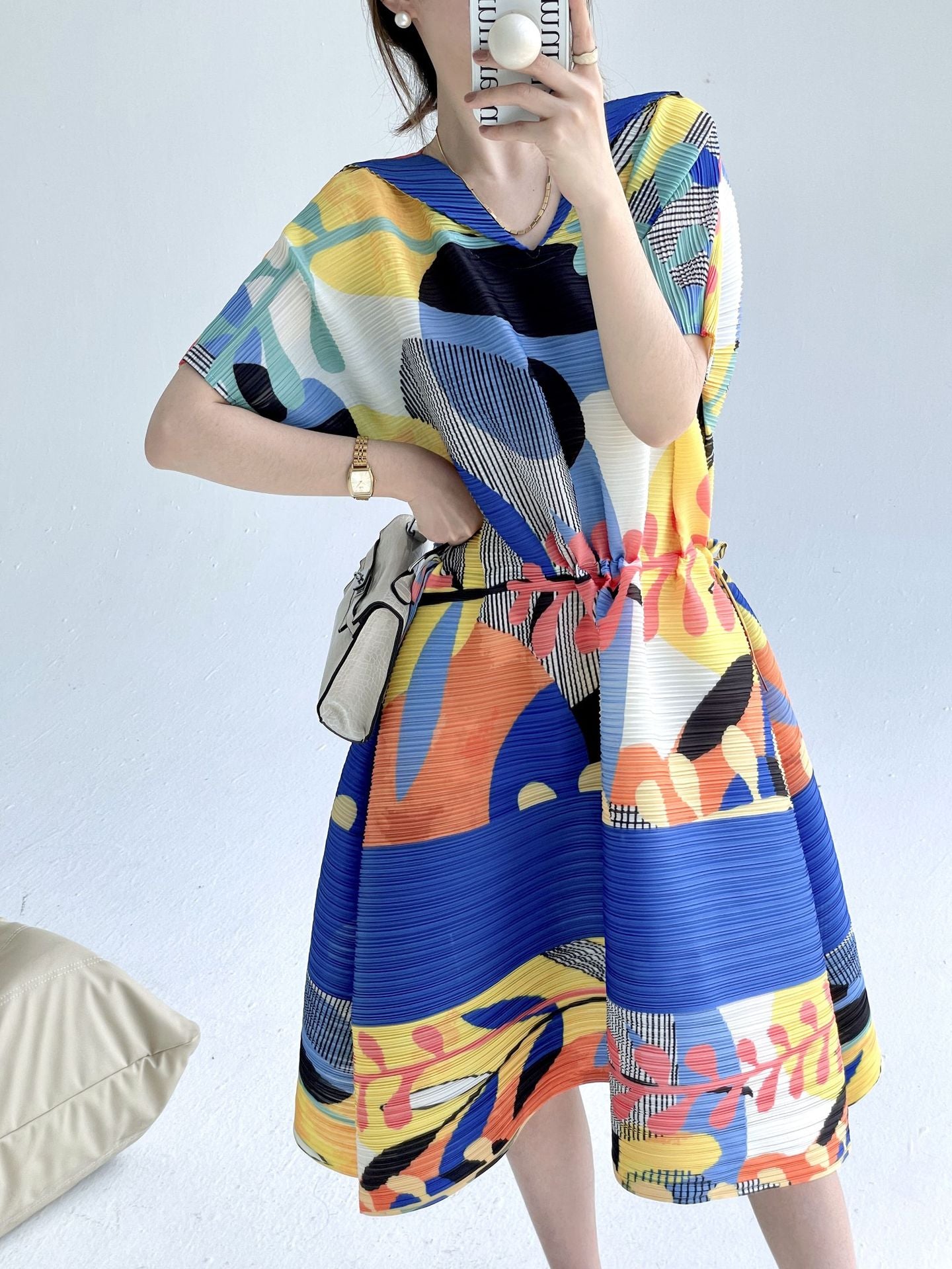Miyake summer new fashion retro printing loose v-neck pleated dress femininity drawstring waist skirt