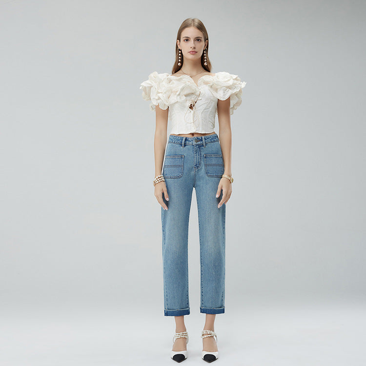 2025 Spring new Xinjiang long-staple cotton, anti-wrinkle roll-edge women's jeans, high waist and thin nine-point pants for women