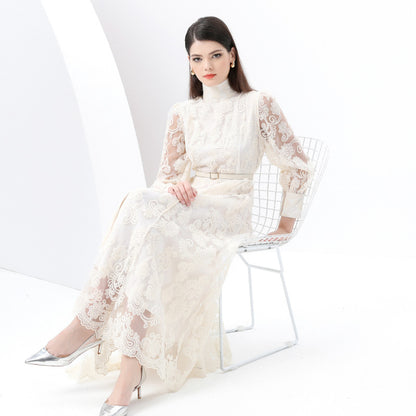 Early Spring - Court Style Lantern Sleeve High Neck Embroidered Wide Swing Long Dress