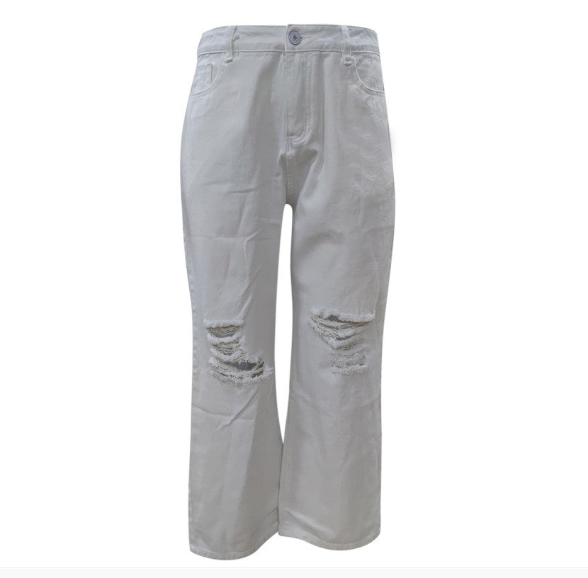 Popular trade solid color ripped loose jeans women