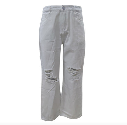 Popular trade solid color ripped loose jeans women