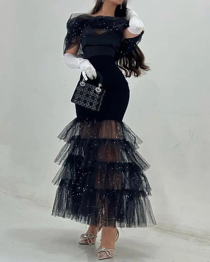 FLOWERSVERSE  New new hip wrap mid-waist waist black literary mesh sequined temperament commuter dress dress