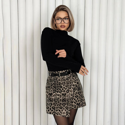Cross-border  spring high-end elegant leather skirt short leopard print high waist irregular splicing leather skirt