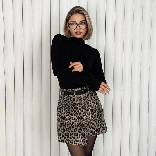 Cross-border  spring high-end elegant leather skirt short leopard print high waist irregular splicing leather skirt