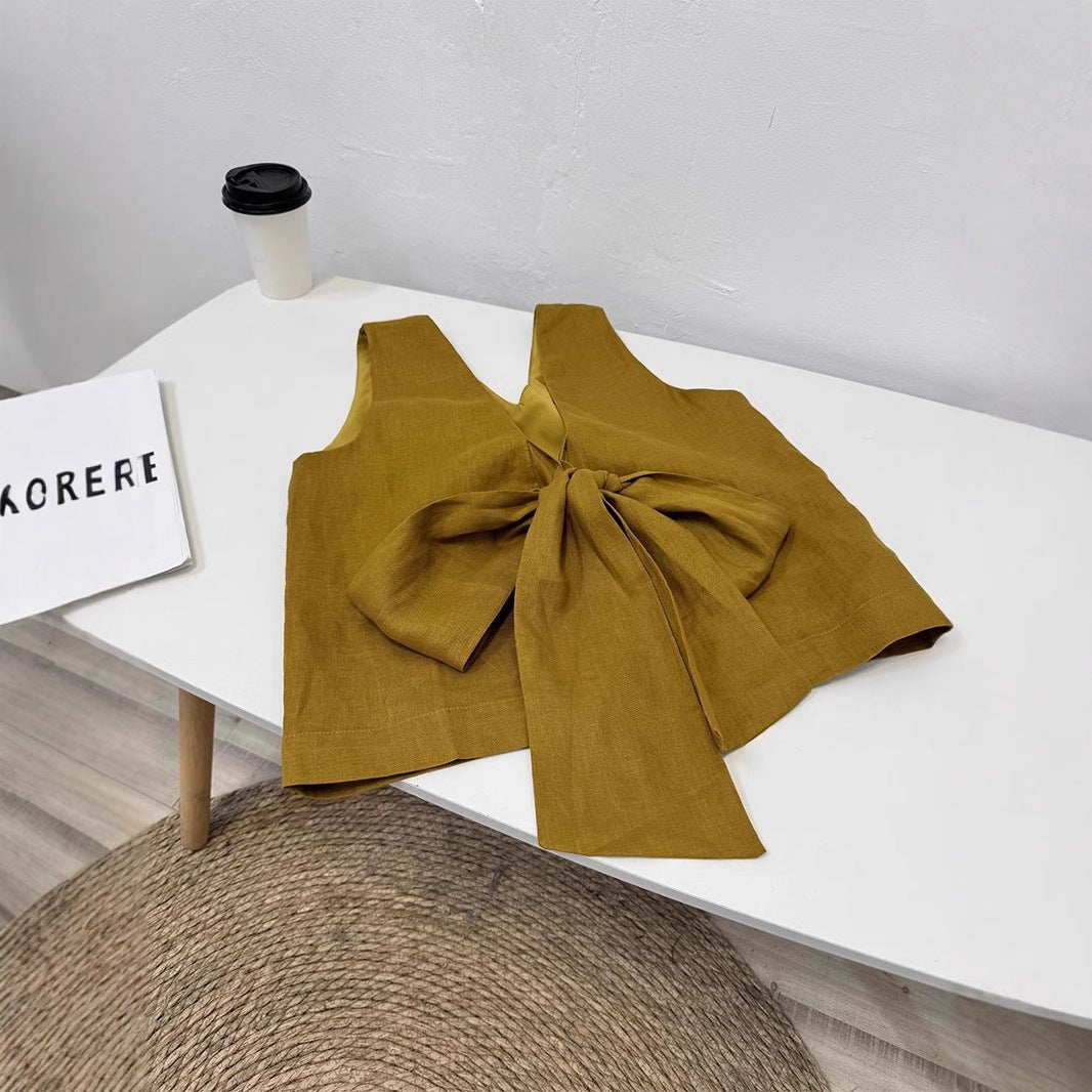 2025 Turmeric linen design back V-neck bow strap-on sleeveless vest top skirt set summer