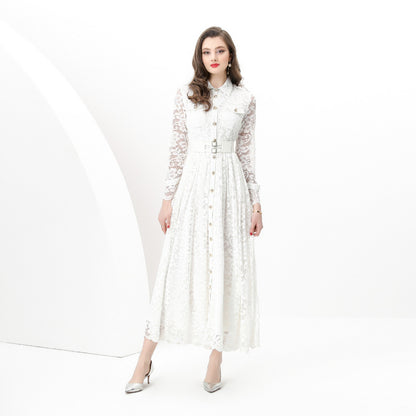 Early Spring - Holiday Pleated Waist Wide Pendulum Lace Long Tooling Dress