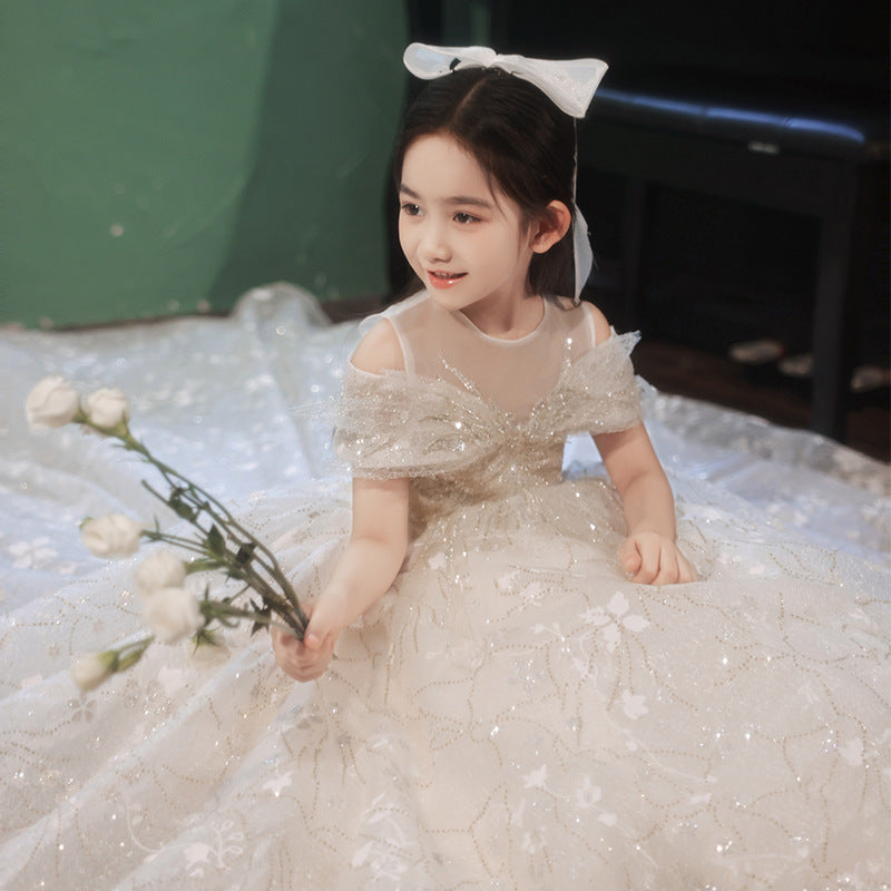 flowersverse Girl's Dress  New Children's Western Style Catwalk Tail Princess Dress Host Little Girl Tulle Tutu Summer