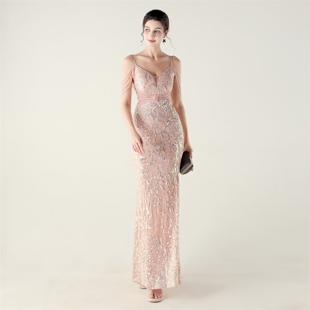 33396 # new heavy industry beaded mid-waist beaded fishtail evening dress, red carpet wedding banquet dress