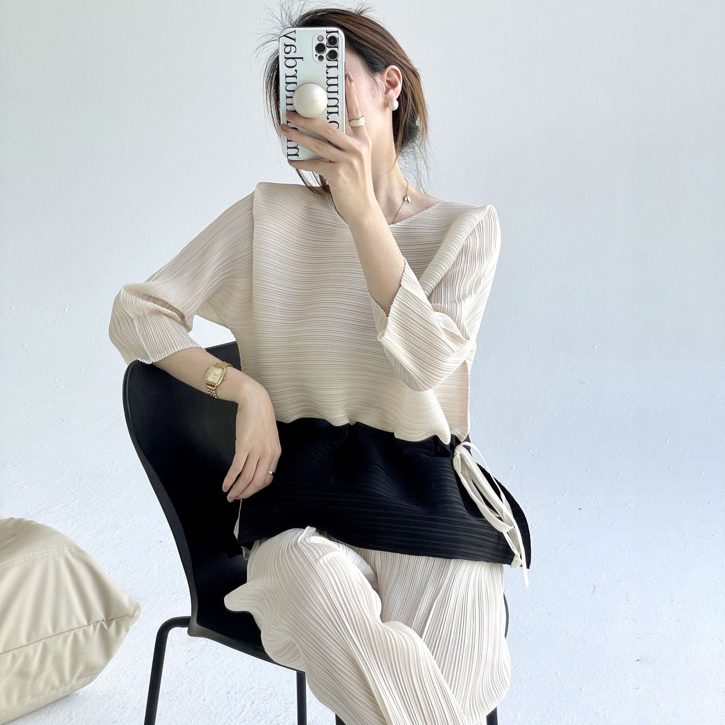 popular spring and summer new fashion color matching loose crew neck top femininity meat covering thin drawstring waist T-shirt