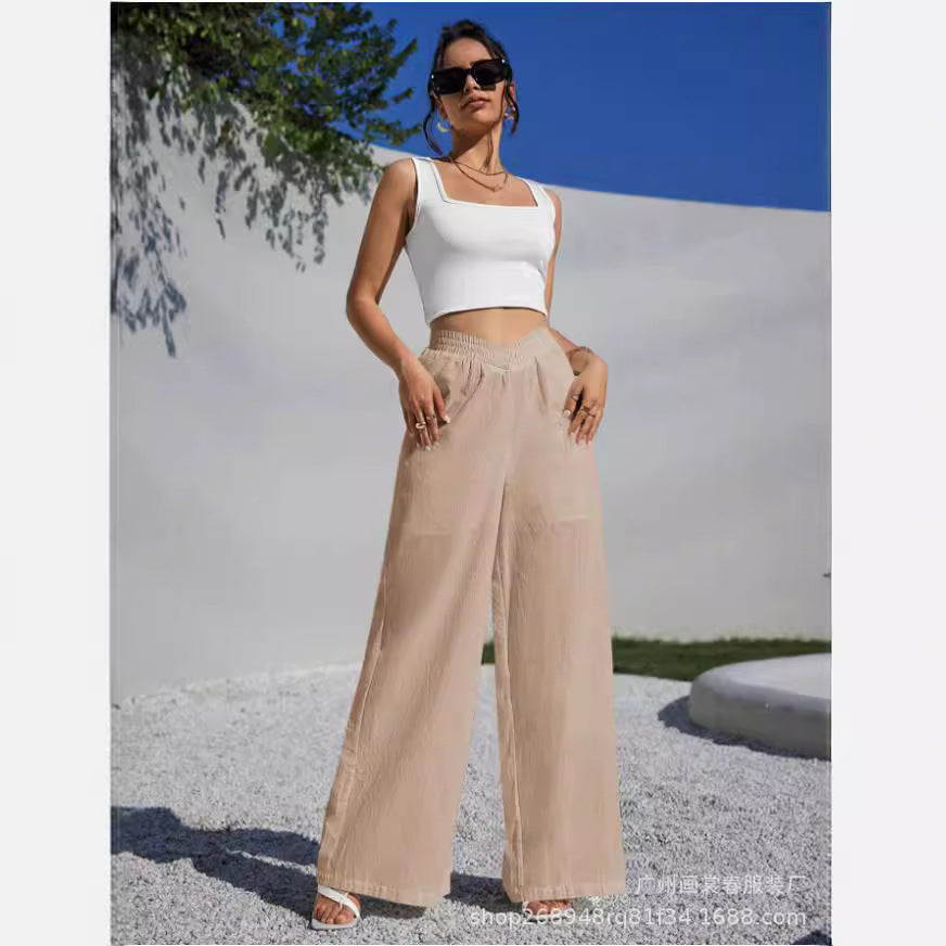 FLOWERSVERSE  Cross-Border Foreign Trade New European and American Solid Color Cross Waist Pleating Wide Leg Popular Women's Casual Pants