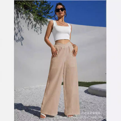 FLOWERSVERSE  Cross-Border Foreign Trade New European and American Solid Color Cross Waist Pleating Wide Leg Popular Women's Casual Pants