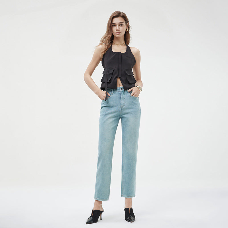 2025 popular spring new high-waisted thin pipe pants four-sided elastic straight jeans high-end elastic denim nine-point pants