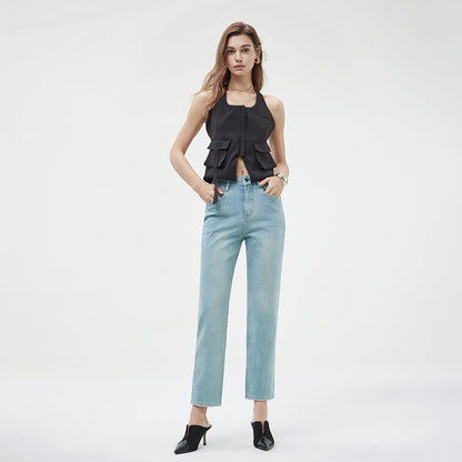 2025 popular spring new high-waisted thin pipe pants four-sided elastic straight jeans high-end elastic denim nine-point pants