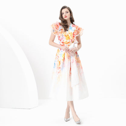 Court  Dress Women's  Fashion V-Neck Lotus Leaf Sleeve Waist Skinny Printed Dress