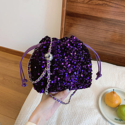 FLOWERSVERSE 2025 Sparkling large sequined pump belt bucket bag fashionable light luxury minimalist dinner bag Popular style chain shoulder messenger bag
